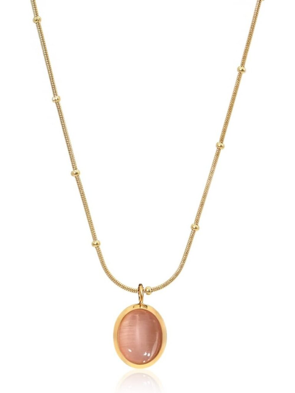 Women's Brown Gold Cat Eye Oval Pendant Satellite Chain Beaded Choker Necklace